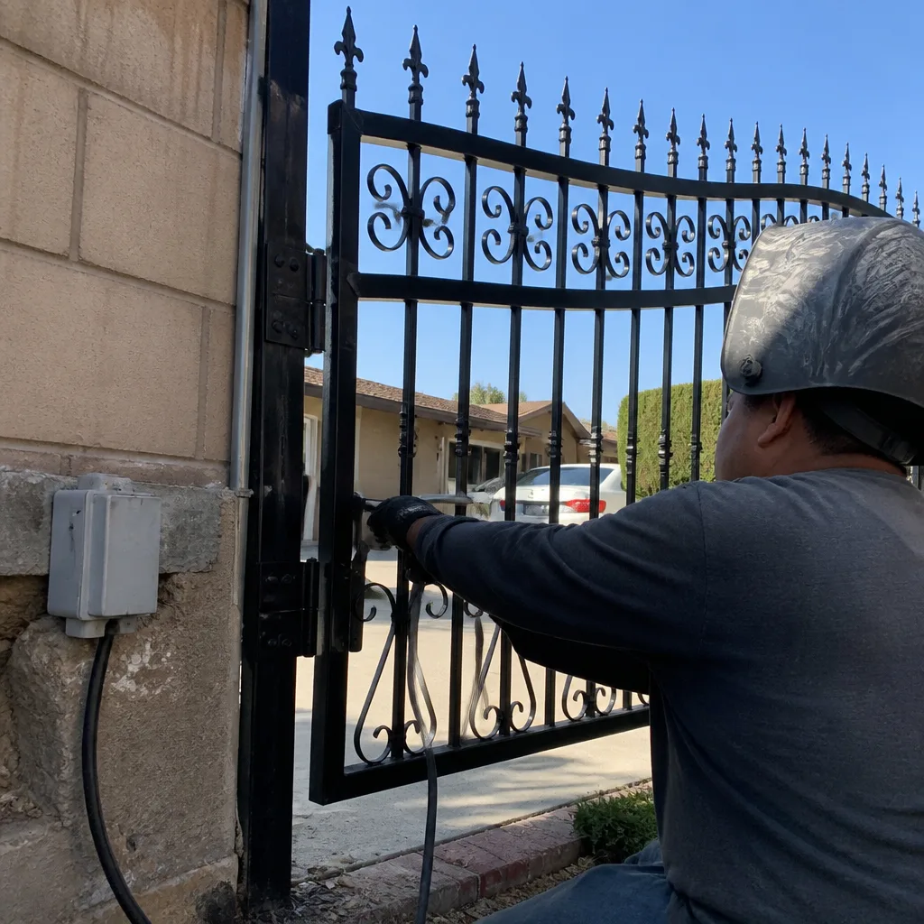 Professional welder performing gate installation and repair work on decorative iron fencing.