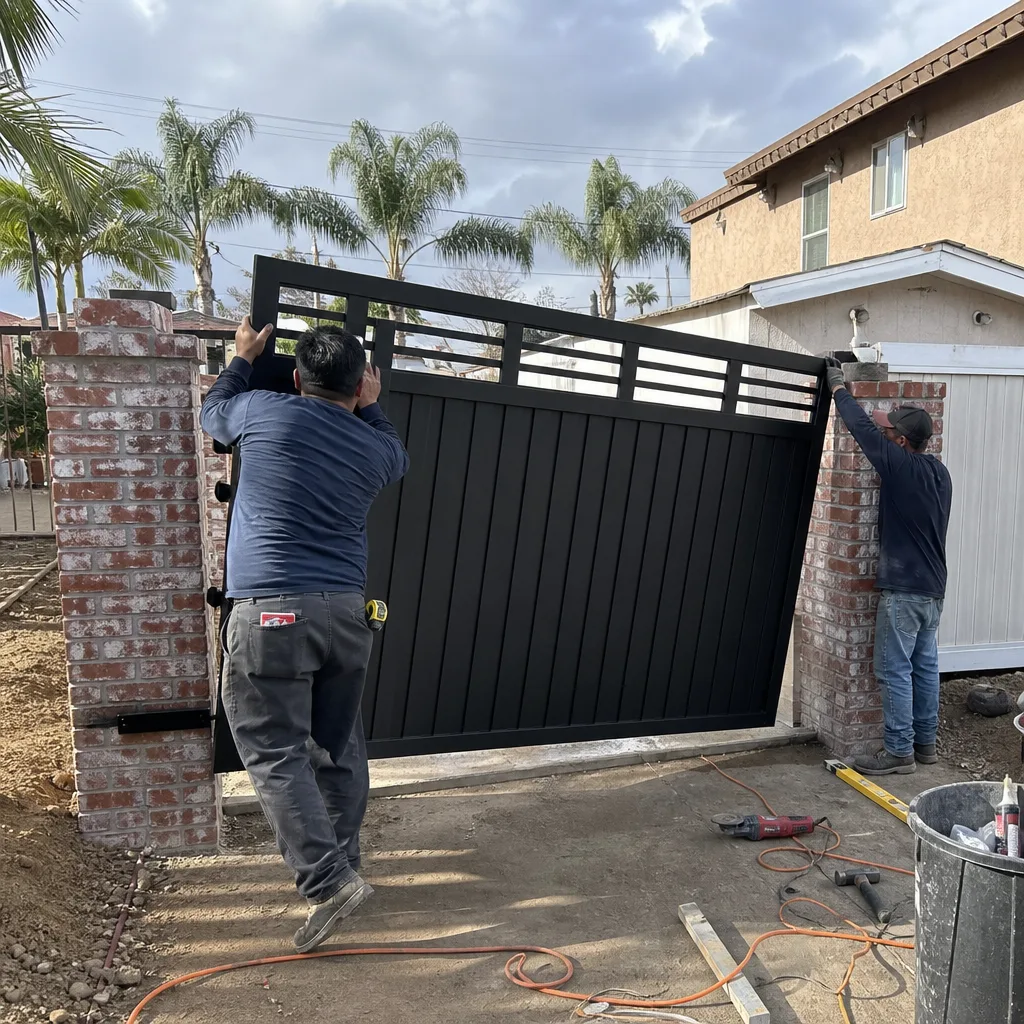 Two contractors installing a new black metal driveway gate