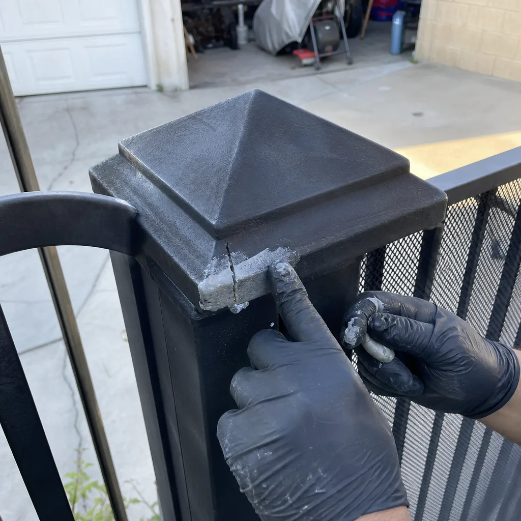 Professional technician repairing a crack in a metal gate post